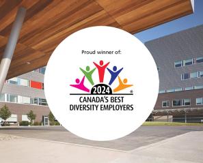 The best Canada 100 top employer logo in the front of the a modern building as the background