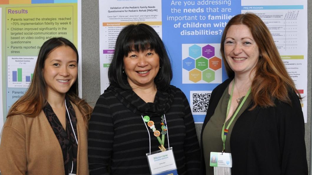 Gloria Lee, a research manager (left), Caron Gan, advanced practice nurse/family therapist and clinical team investigator [middle], and Louise Rudden, a nurse practitioner (right), present their research at the symposium’s poster presentation session