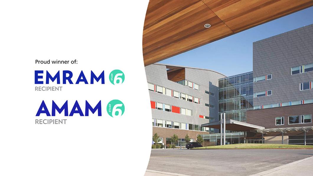 EMRAM and AMAM logo on the left, a modern hospital building in a photo to the right