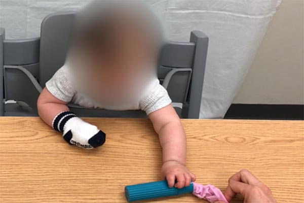 Give  toothbrush holder with toy stuck hiding inside, infant holds toothbrush holder and adult pulls it out. 