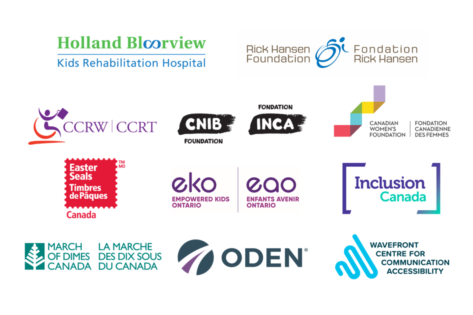 Logos for all 11 National Disability Initiative grantee organizations, arranged in 1 row of 2 and 3 consecutive rows of 3 