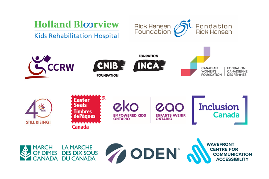 Logos for all 11 National Disability Initiative grantee organizations. From top to bottom: Holland Bloorview, Rick Hansen Foundation, Canadian Council on Rehabilitation and Work, CNIB, Canadian Women’s Foundation, DAWN Canada, Easter Seals Canada, Empowered Kids Ontario, Inclusion Canada, March of Dimes Canada, Ontario Disability Employment Network and Wavefront Centre for Communication Accessibility