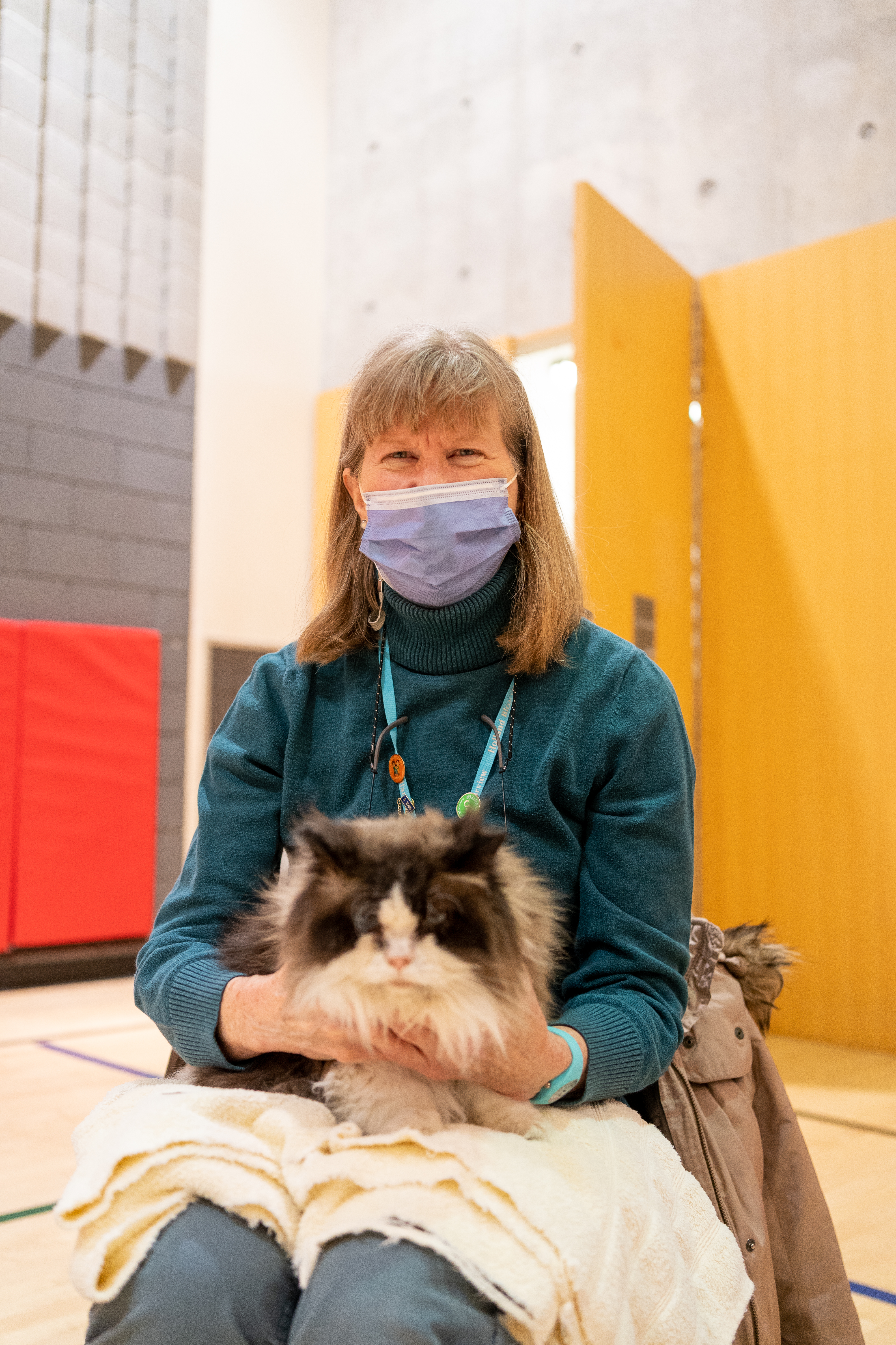 ""A woman sits in a gymnasium holding a long-haired black and white cat.