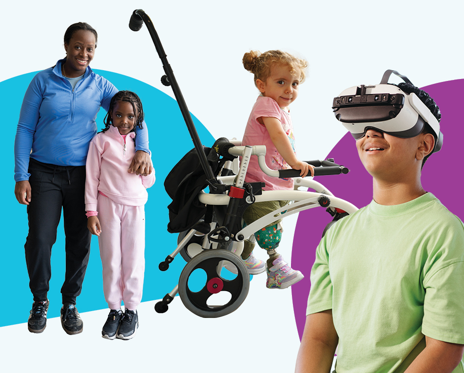 A child on a walker, a teenager with her sister, and another child with a VR glasses on