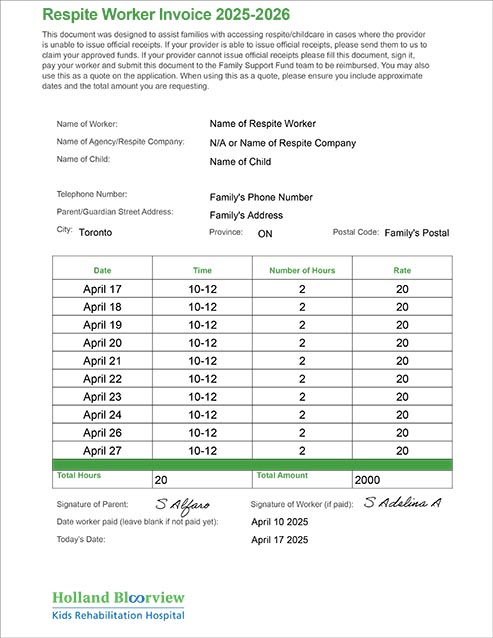 Example of a completed respite worker invoice