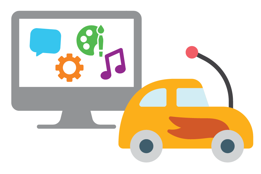 Illustration of a computer screen with some icons, besides with a remote toy car