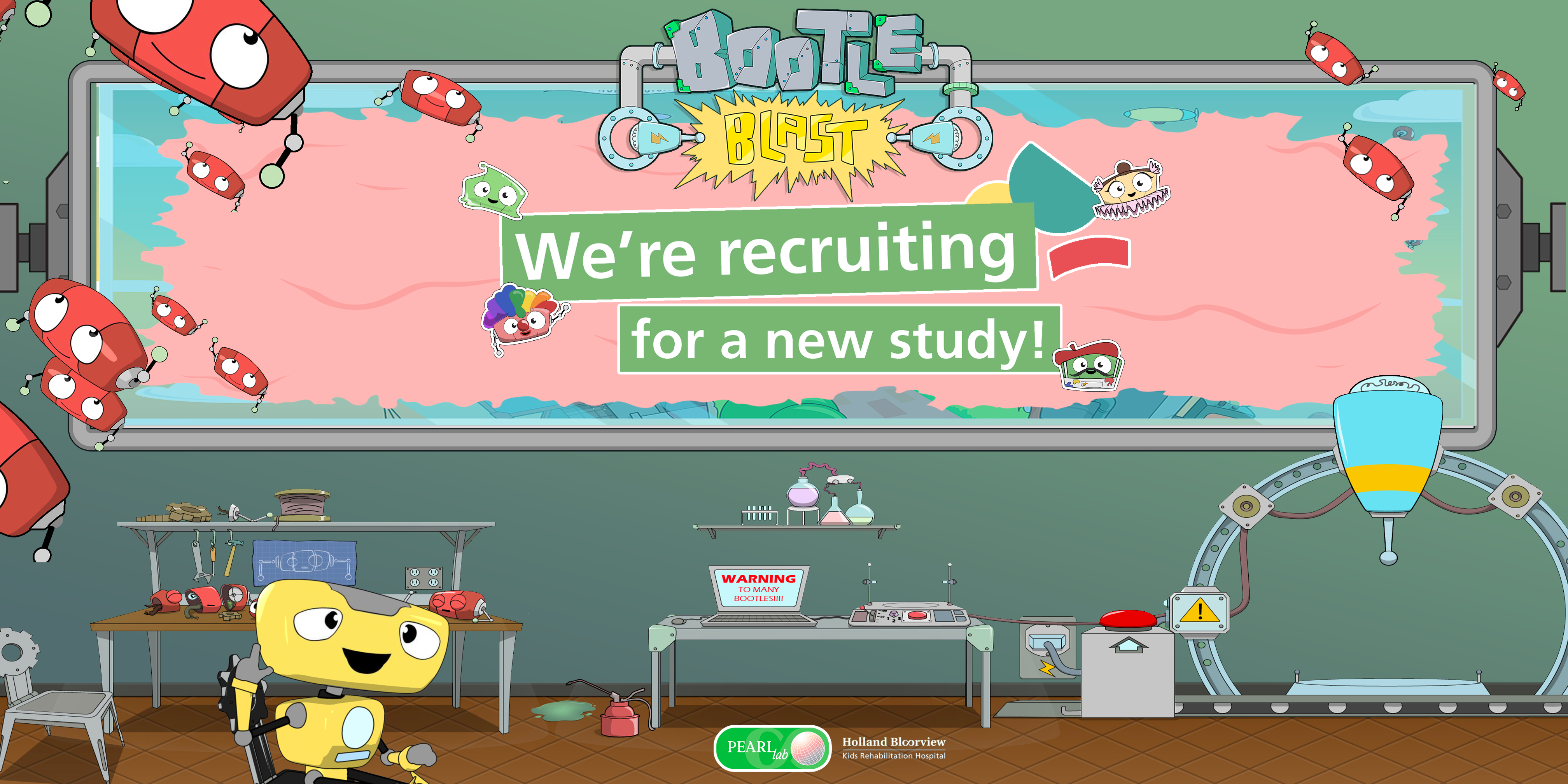 Botley, a cartoon robot coloured in yellow, sits in his workshop comprising of a desk with blueprints and mockups of his inventions. There are a dozen red coloured Bootle robots floating above him. ‘Bootle Blast’ is written above in large bubble text.