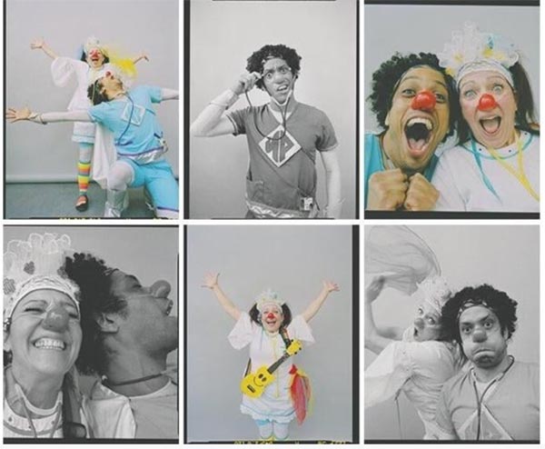 6 photos of two clowns