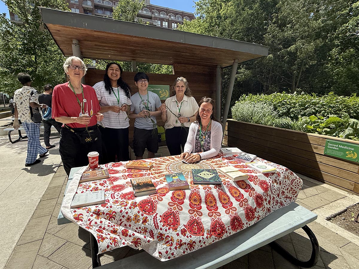 Staff gathered in the Sacred Medicine Garden for a meet –and-greet with Anita, who demonstrated how sweetgrass is harvested and braided for smudging while sharing teachings about traditional Indigenous medicines.