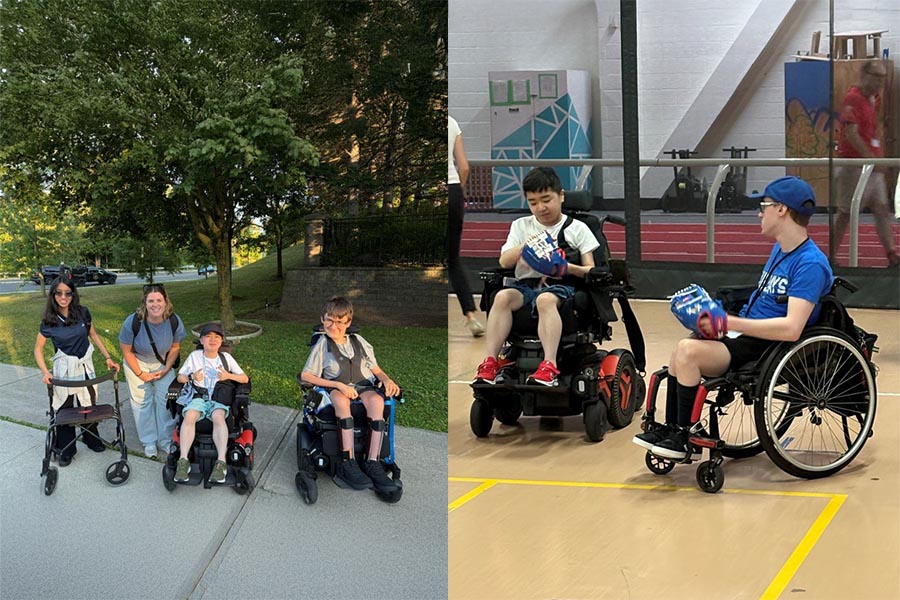 Two photos. Left, some children with disabilities on wheelchair and walker, along with an adult. Right: Two teenagers are on wheelchair inside a basketball court.