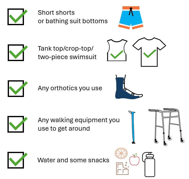 List of items that needs to be brought to the gait assesment (shorts, t-shirt, orthotics, walking equipment, water/snacks)