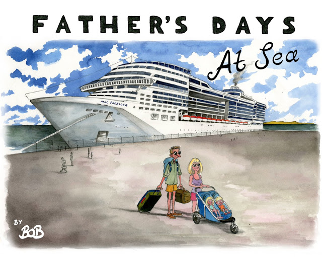 Illustration of a family with a cruise ship in background