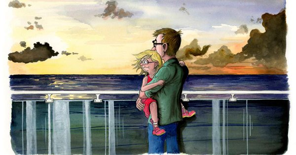 Illustration of a father and daughter beside a ship's railing