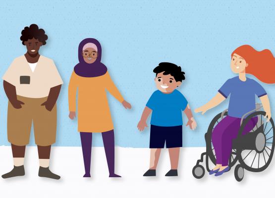 Illustration of four children with different body sizes and one using wheelchair