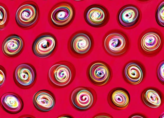 Abstract illustration of colourful balls on red background