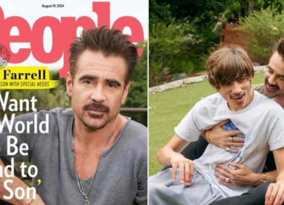 People magazine cover of man and image of same man sitting on grass with a young adult man