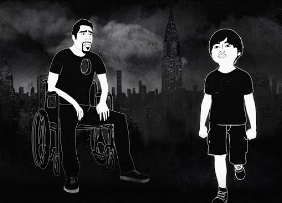 Sketch of man in a wheelchair and a boy walking near it