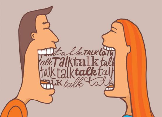 Cartoon image of a man and a woman with words coming out of their mouths