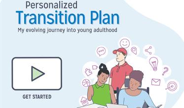 Personalized transition plan with tag line, Holland Bloorview logo on the top right, cartoon of some teenagers with different ideas to the right bottom