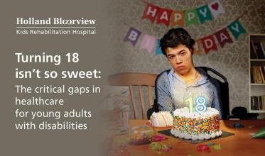 ‘Turning 18 isn’t so sweet’ report cover superimposed onto a plain purple background. Report cover features a photo of a teenage boy, who uses a wheelchair, sitting at a table in front of a birthday cake with lit ‘18’ candle