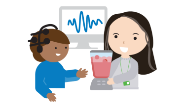 Illustration of a child with headset on to the left, on the right is an adult with a blender machine on.