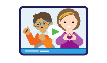 Illustration of two adults and a video play button