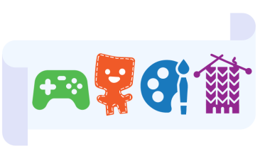 Some icons: a video game controller, a paper cutting, drawing and knitting