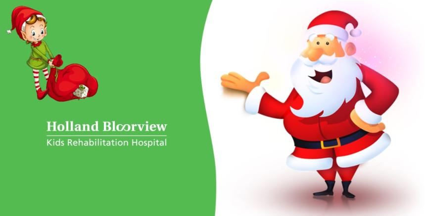 An image of Santa Claus sits on the left next to an image of an elf carrying a toy bag and the Holland Bloorview logo on a green background