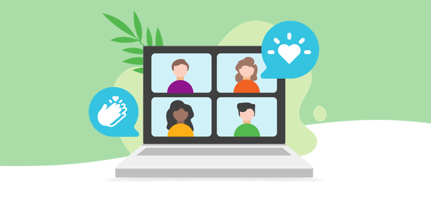 An illustration of a laptop with an online meeting on the screen