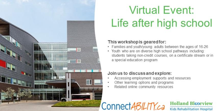 The title of the workshop beside a photo of the Holland Bloorview Kids Rehab Hospital building from the outside