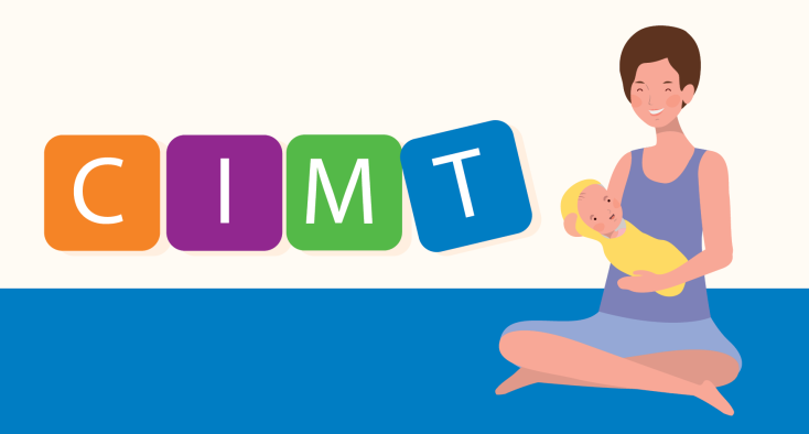 caregiver holding infant with CIMT in letters