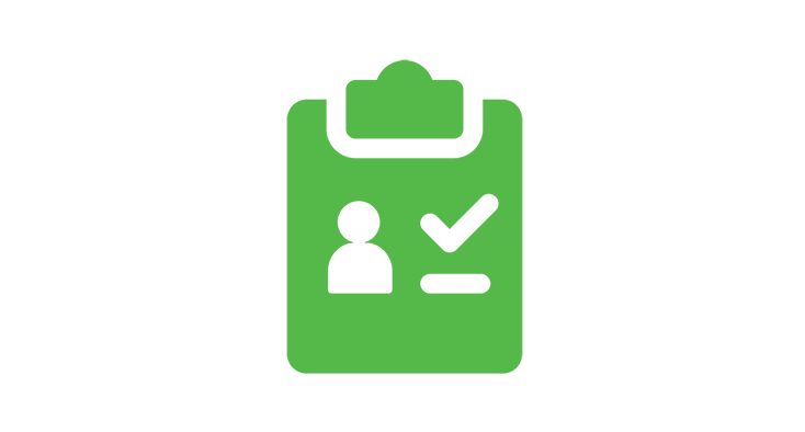 A green icon with a write board, and a profile on the front page