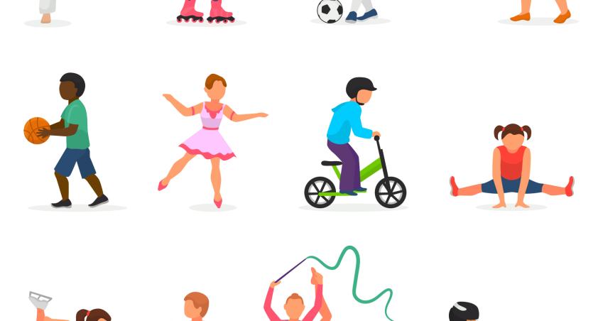 Several animated children playing various sports