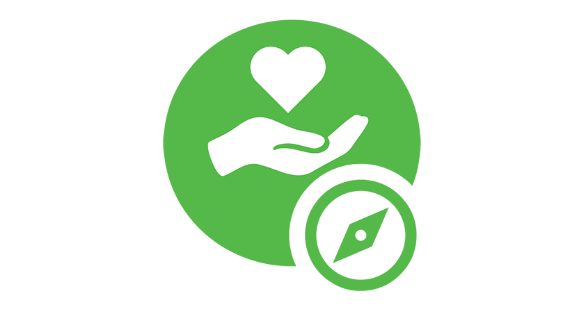 An icon with a hand holding a heart, underneath with a compass