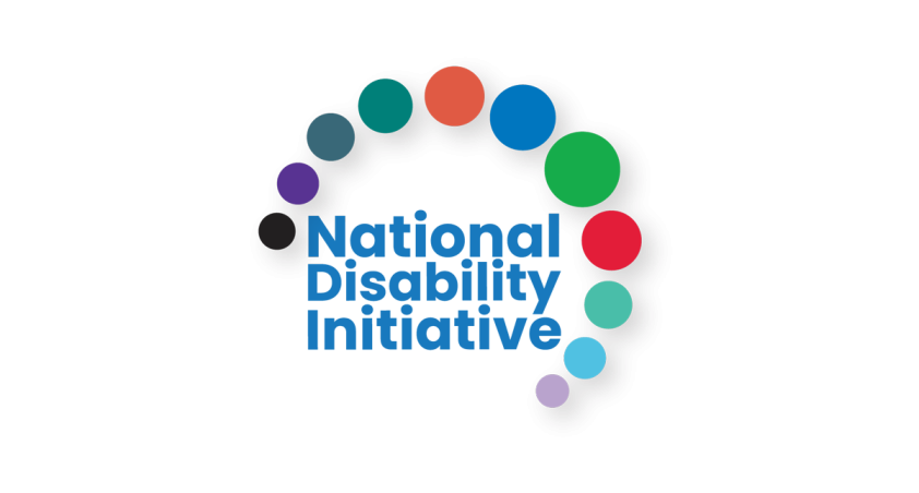 identifier for the National Disability Initiative, featuring the text “National Disability Initiative” in blue text, surrounded by 10 small circles in different colours