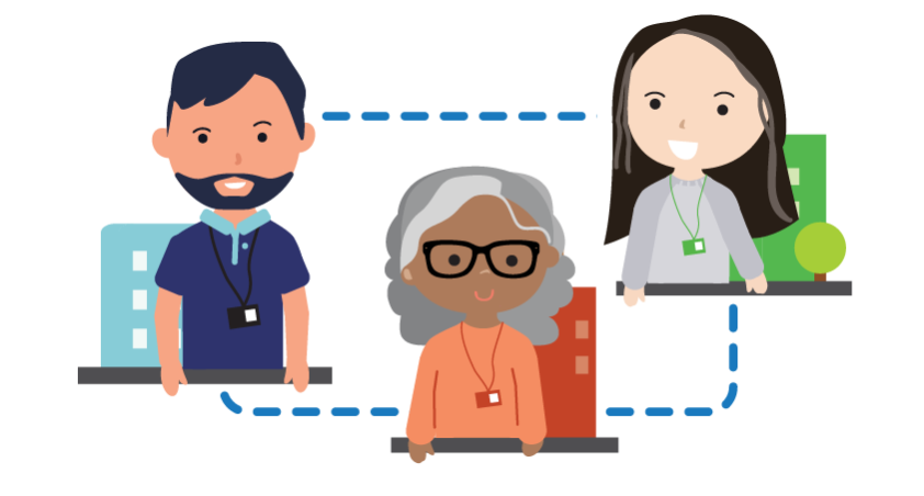 Illustration of three adults from different buildings (organizations) linked to each other