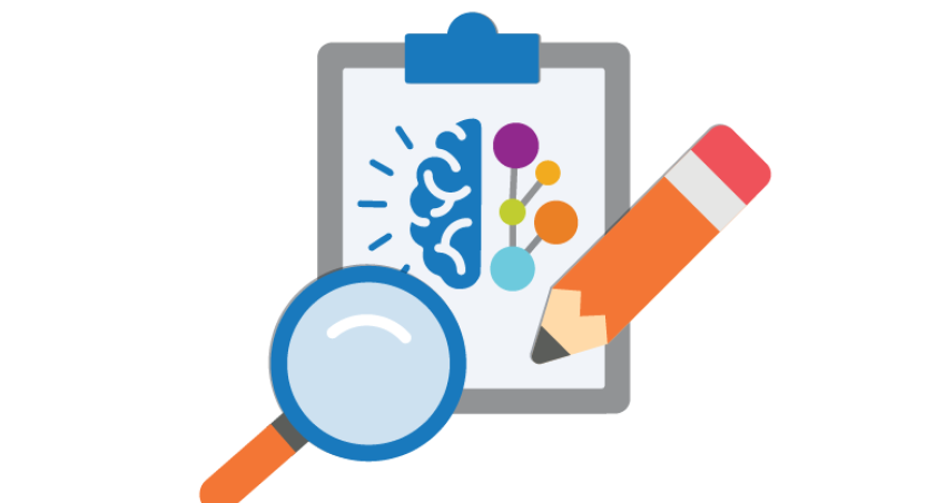 Illustration of a file with a pen and a magnifying glass