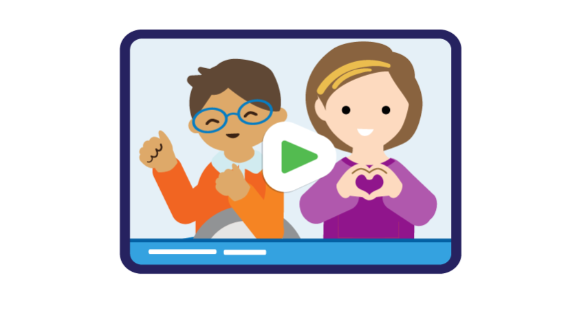 Illustration of two adults and a video play button
