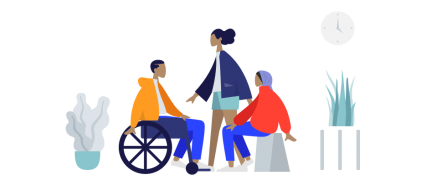 Colourful image of people chatting, 2 people sitting and one person standing
