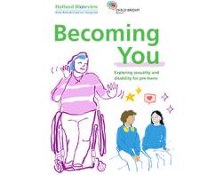 Becoming You book cover, with a person sitting on a wheel-chair at the right, and 2 people chatting with some relationship connection on the right