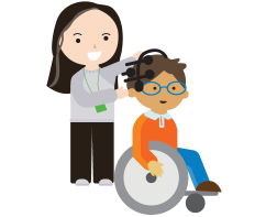 An adult is setting up a headset for a child on a wheelchair