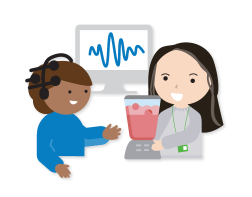 An adult is using a juice mixing machine and a child is with a headset, connecting to computer