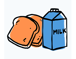 Illustration of some breads and a box of milk