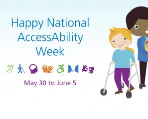 Happy National Accessibility Week! Cartoon kids and families on a light blue background.