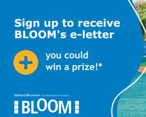 Smiling older child piggybacking younger child with message to sign up for BLOOM's e-letter for a chance to win a prize.