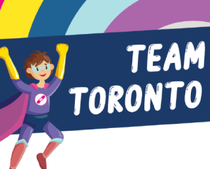 Team Toronto Kids poster for children's vaccine clinics at Holland Bloorview feature the animated character of a young boy who is a superhero