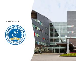 Rick Hansen Foundation Accessibility Gold Certification™ logo beside a photograph of Holland Bloorview's building