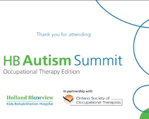 Graphic reading "Thank you for attending, HB Autism Summit, Occupational Therapy Edition" on white next to green and blue swirls