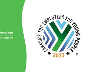 Canada's Top Employers for Young People 2023 Award logo on the right next to the Holland Bloorview logo on green to the left.