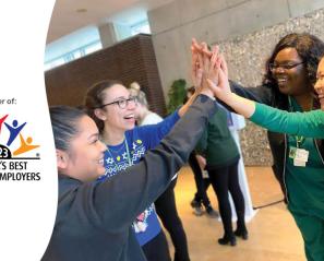 Canada's Best Diversity Employers logo on the left, photo of some Holland Bloorview staffs cheering on the right 